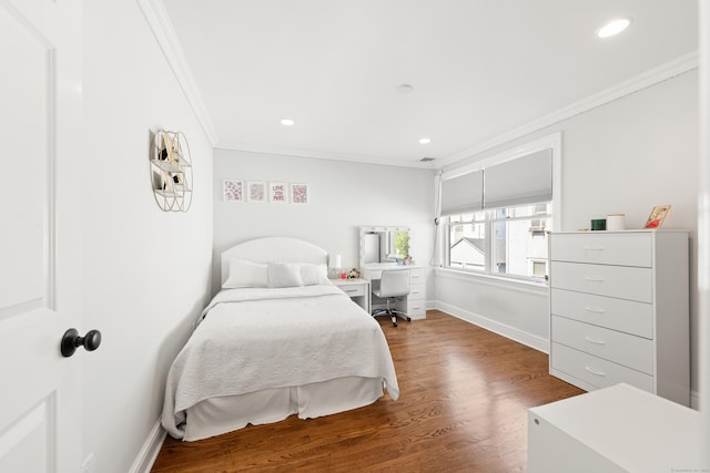 334 W Ave, Darien, CT 06820 - bedroom featuring crown molding, an office area, recessed lighting, baseboards, and wood finished floors