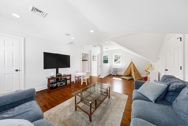 334 W Ave, Darien, CT 06820 - living room featuring vaulted ceiling, wood finished floors, baseboards, recessed lighting, and decorative columns