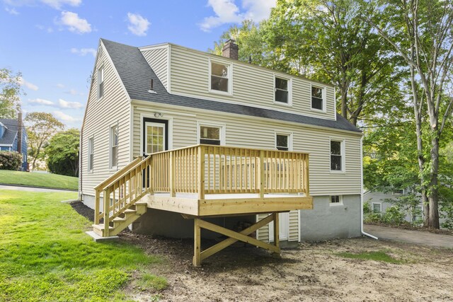 37 View St, East Haven, CT 06512 - rear view of property featuring a wooden deck, roof with shingles, a lawn, and a chimney