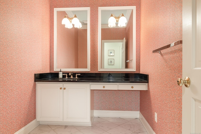 3 Mountaincrest Dr, Cheshire, CT 06410 - bathroom with marble finish flooring, vanity, baseboards, and wallpapered walls