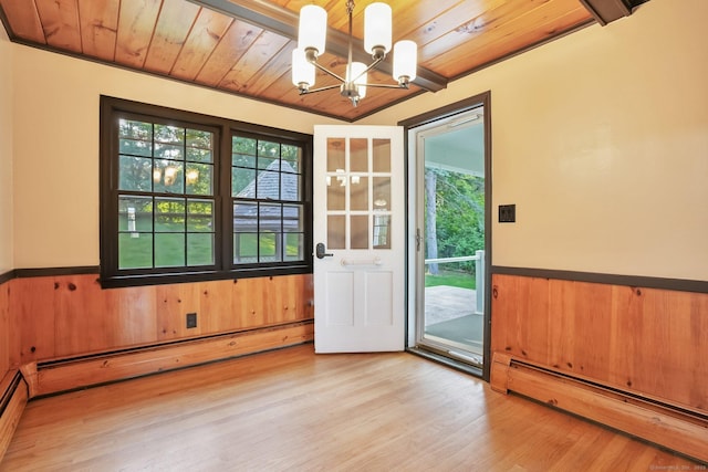 86 Rice Rd, Meriden, CT 06450 - doorway with wooden ceiling, a chandelier, a baseboard radiator, a wainscoted wall, and light wood-style flooring