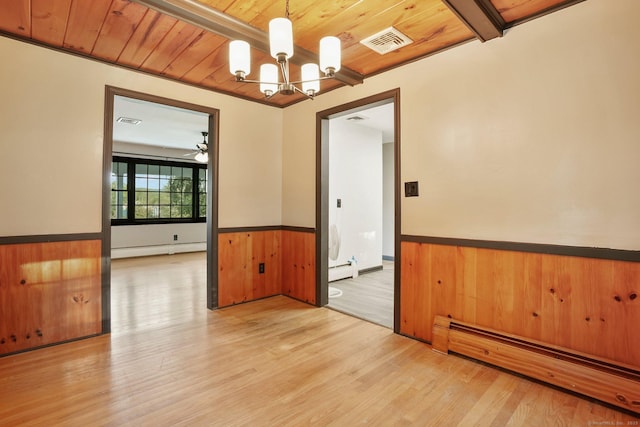 86 Rice Rd, Meriden, CT 06450 - unfurnished room with baseboard heating, wood ceiling, a wainscoted wall, light wood-type flooring, and a chandelier