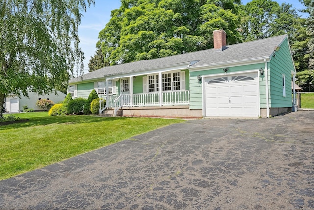 86 Rice Rd, Meriden, CT 06450 - ranch-style house featuring a porch, a chimney, an attached garage, a front yard, and driveway