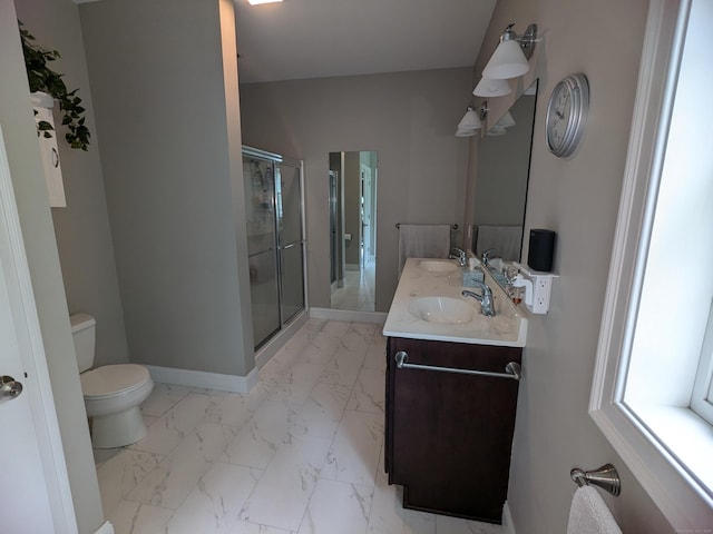 5 Newberry St, Haddam, CT 06441 - full bath featuring marble finish floors, double vanity, toilet, a stall shower, and baseboards