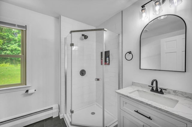 75 Carll Rd, Middletown, CT 06457 - bathroom with a baseboard heating unit, a shower stall, and vanity