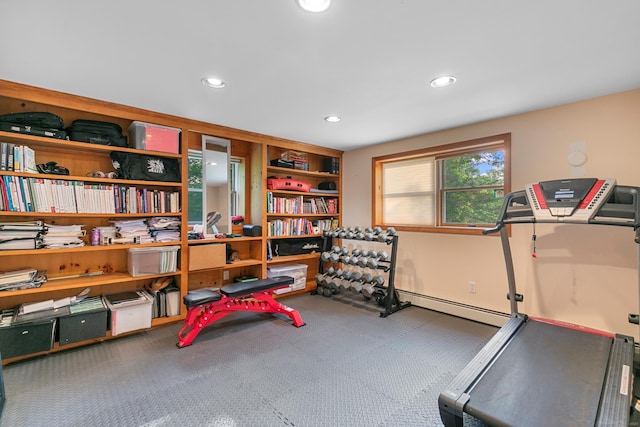 403 Bethmour Rd, Bethany, CT 06524 - workout area featuring carpet, baseboard heating, and recessed lighting