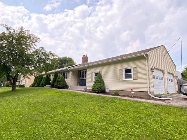 1 Deerfield Rd, Enfield, CT 06010 - view of front facade featuring a chimney, a front lawn, and a garage