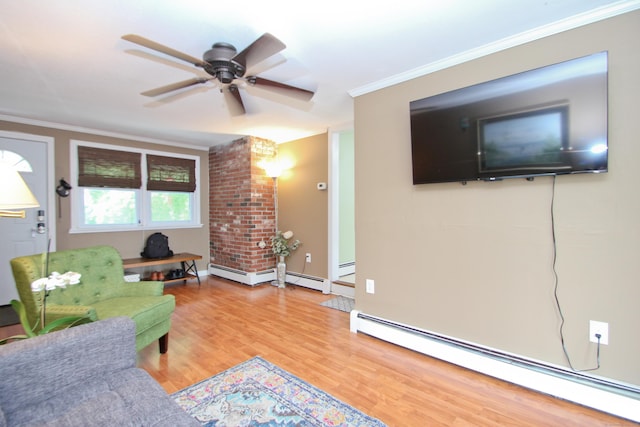 1 Deerfield Rd, Enfield, CT 06010 - living room featuring a baseboard heating unit, wood finished floors, crown molding, and ceiling fan