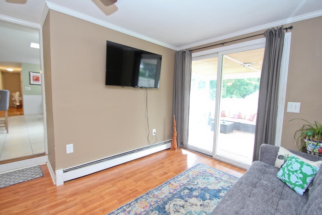1 Deerfield Rd, Enfield, CT 06010 - sitting room featuring baseboard heating, wood finished floors, ornamental molding, and a ceiling fan