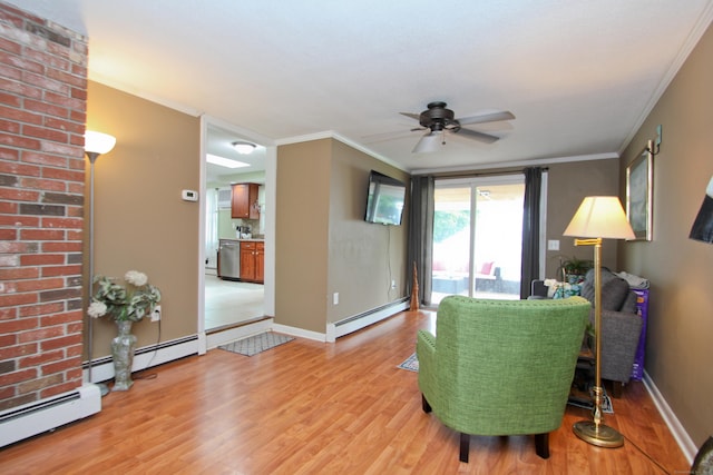1 Deerfield Rd, Enfield, CT 06010 - living area with baseboard heating, light wood-type flooring, ceiling fan, and crown molding