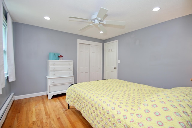 1 Deerfield Rd, Enfield, CT 06010 - bedroom featuring a baseboard radiator, light wood-style flooring, a closet, recessed lighting, and ceiling fan