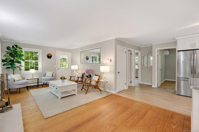 60 Indian Spring Rd, Woodstock, CT 06281 - living room with light wood-style floors, baseboards, crown molding, and a baseboard heating unit