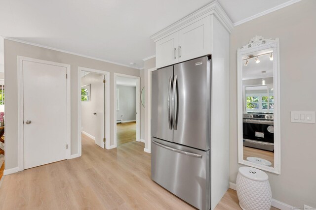 60 Indian Spring Rd, Woodstock, CT 06281 - kitchen featuring stainless steel appliances, white cabinets, crown molding, light wood finished floors, and baseboards