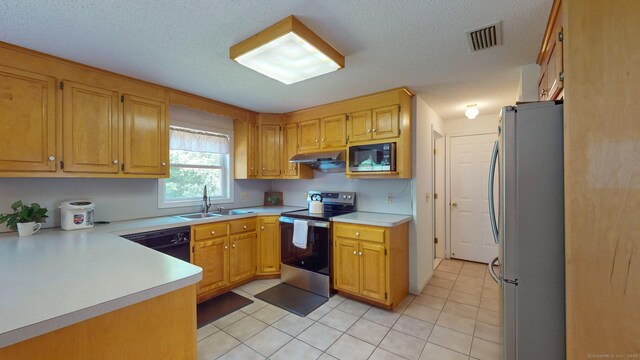 26 Reno Dr, Middletown, CT 06457 - kitchen with black appliances, a sink, under cabinet range hood, light countertops, and a textured ceiling