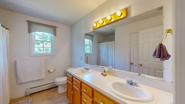 26 Reno Dr, Middletown, CT 06457 - bathroom featuring a baseboard heating unit, double vanity, tile patterned flooring, toilet, and a shower with curtain
