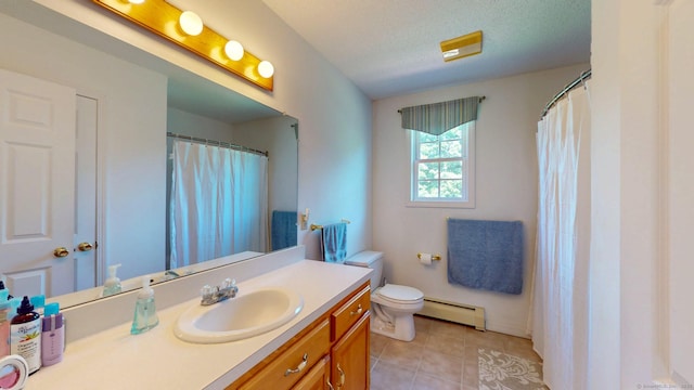 26 Reno Dr, Middletown, CT 06457 - bathroom with a baseboard radiator, vanity, tile patterned floors, toilet, and curtained shower