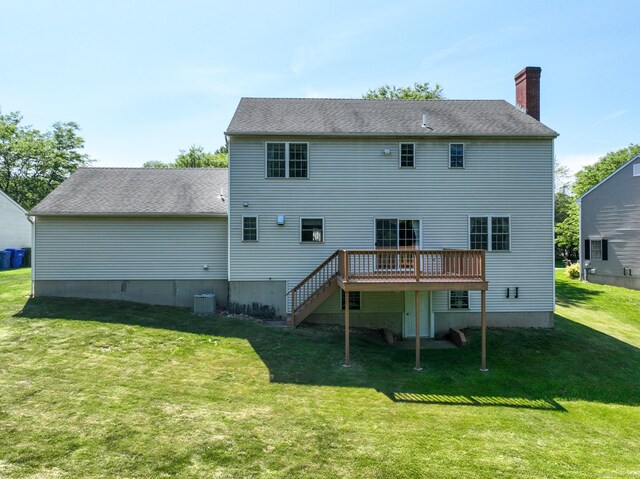 26 Reno Dr, Middletown, CT 06457 - rear view of property featuring a deck, a chimney, a lawn, and stairway