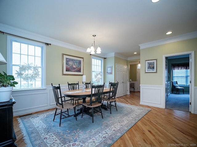 3 Timberland Way Unit 3, Beacon Falls, CT 06403 - dining room with a chandelier, wood finished floors, ornamental molding, a wainscoted wall, and recessed lighting