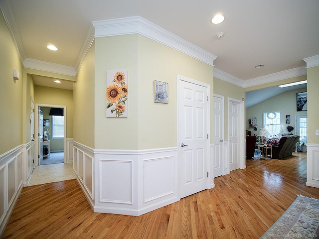 3 Timberland Way Unit 3, Beacon Falls, CT 06403 - hallway featuring light wood-style floors, healthy amount of natural light, recessed lighting, a wainscoted wall, and ornamental molding