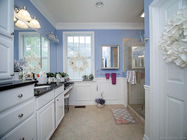 3 Timberland Way Unit 3, Beacon Falls, CT 06403 - full bath with vanity, tile patterned floors, ornamental molding, a shower stall, and wainscoting