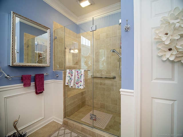 3 Timberland Way Unit 3, Beacon Falls, CT 06403 - full bathroom featuring ornamental molding, a stall shower, and a wainscoted wall