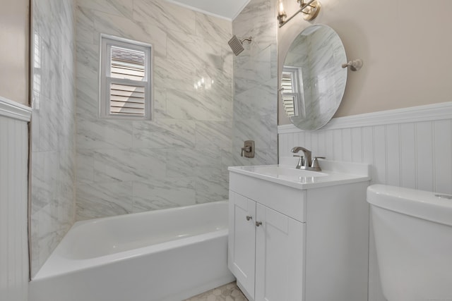 170 Morningside Dr E, Bristol, CT 06010 - full bath featuring vanity, healthy amount of natural light,  shower combination, a wainscoted wall, and toilet