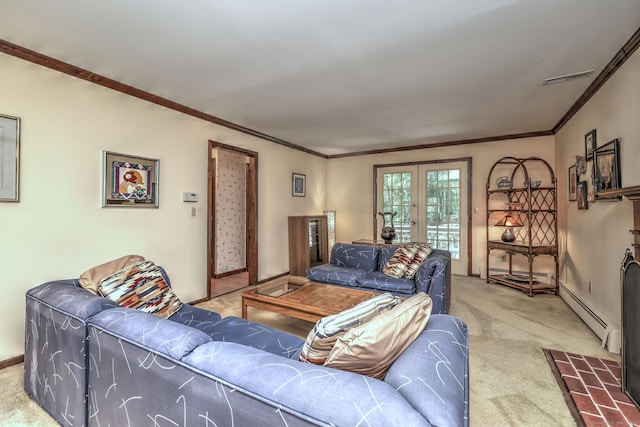 31 Country Ridge Dr, Monroe, CT 06468 - living room with light colored carpet, french doors, ornamental molding, a baseboard radiator, and baseboard heating