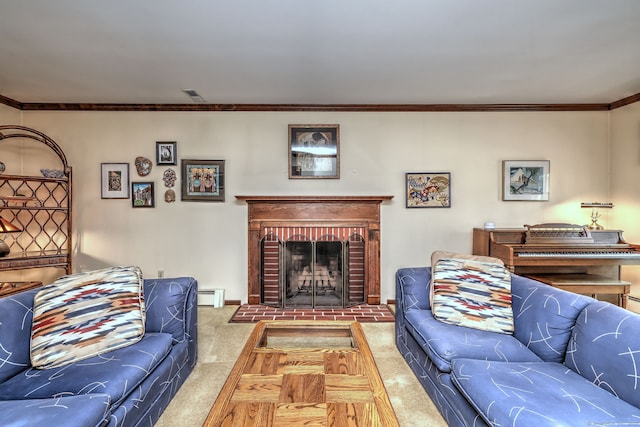 31 Country Ridge Dr, Monroe, CT 06468 - carpeted living area featuring a baseboard heating unit, crown molding, and a fireplace