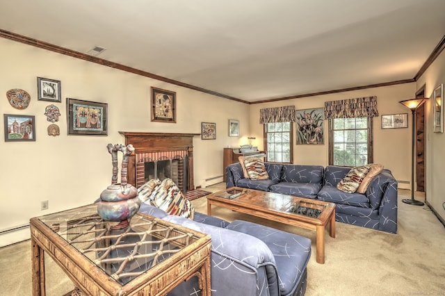 31 Country Ridge Dr, Monroe, CT 06468 - carpeted living room with crown molding, baseboard heating, and a fireplace
