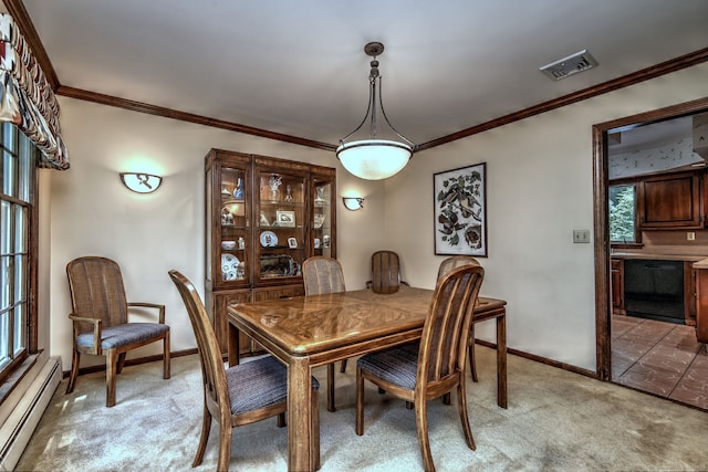 31 Country Ridge Dr, Monroe, CT 06468 - dining area with baseboard heating, light colored carpet, and crown molding