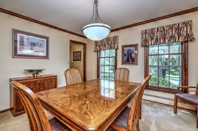 31 Country Ridge Dr, Monroe, CT 06468 - dining space featuring light carpet, crown molding, and a baseboard heating unit