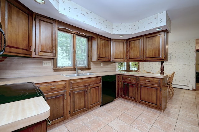 31 Country Ridge Dr, Monroe, CT 06468 - kitchen featuring black dishwasher, a baseboard radiator, light countertops, wallpapered walls, and light tile patterned floors