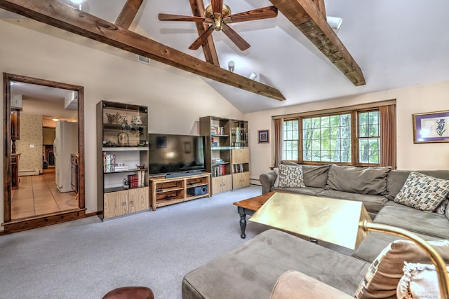 31 Country Ridge Dr, Monroe, CT 06468 - carpeted living room featuring beamed ceiling, a ceiling fan, and high vaulted ceiling