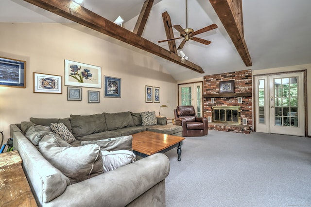 31 Country Ridge Dr, Monroe, CT 06468 - carpeted living room with beamed ceiling, ceiling fan, a brick fireplace, and high vaulted ceiling