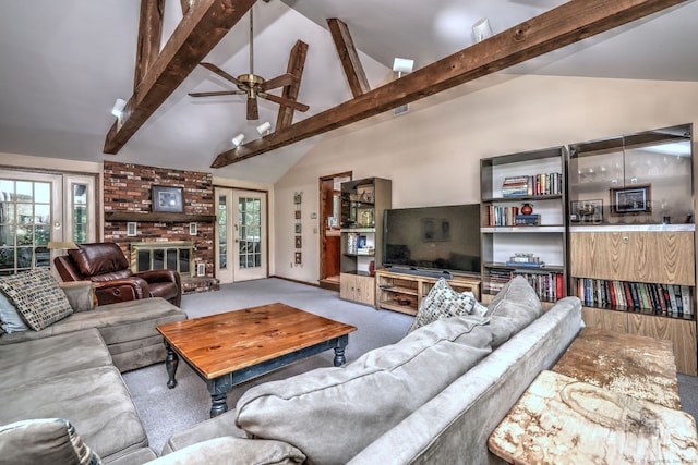 31 Country Ridge Dr, Monroe, CT 06468 - living area with carpet, beamed ceiling, ceiling fan, a brick fireplace, and high vaulted ceiling