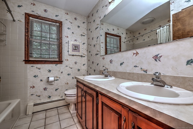 31 Country Ridge Dr, Monroe, CT 06468 - bathroom with a baseboard heating unit, tile patterned floors, double vanity, wallpapered walls, and shower / bathtub combination with curtain