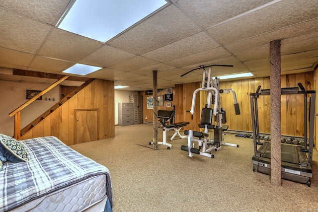 31 Country Ridge Dr, Monroe, CT 06468 - bedroom featuring wooden walls, a drop ceiling, and carpet floors