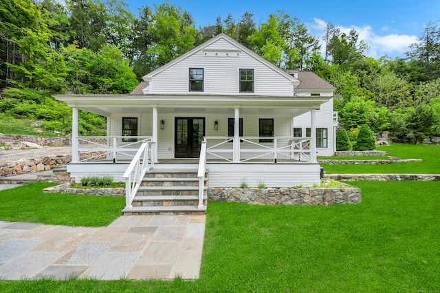 153 Valley Forge Rd, Weston, CT 06883 - view of front facade featuring a front lawn, a porch, french doors, and roof with shingles