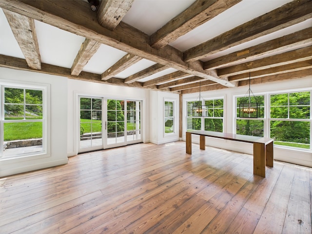 153 Valley Forge Rd, Weston, CT 06883 - unfurnished sunroom featuring plenty of natural light, beamed ceiling, and a chandelier