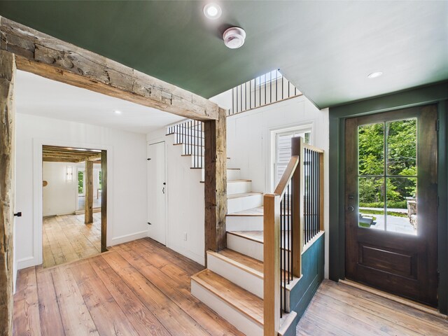 153 Valley Forge Rd, Weston, CT 06883 - foyer with stairway, hardwood / wood-style flooring, recessed lighting, and beamed ceiling