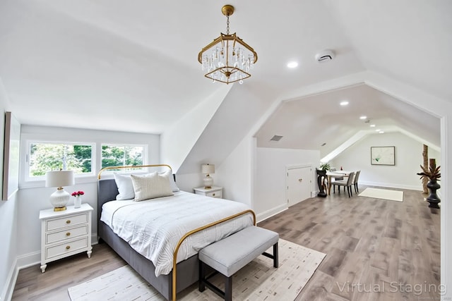 153 Valley Forge Rd, Weston, CT 06883 - bedroom with a chandelier, wood finished floors, vaulted ceiling, recessed lighting, and baseboards