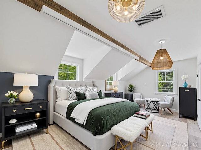 153 Valley Forge Rd, Weston, CT 06883 - bedroom with vaulted ceiling, light wood-style floors, and a chandelier
