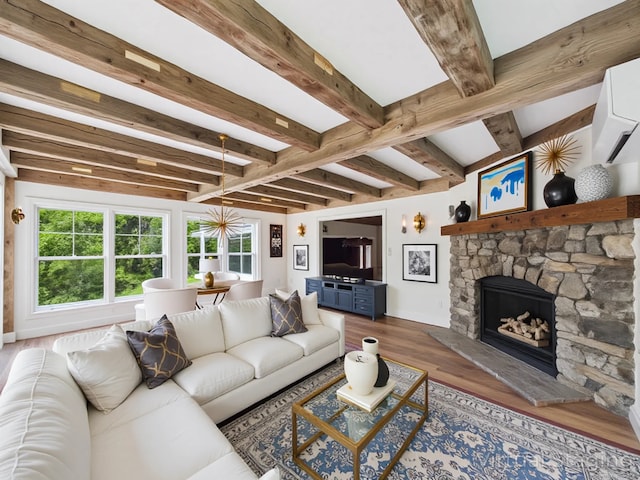 153 Valley Forge Rd, Weston, CT 06883 - living area with beam ceiling, wood finished floors, and a stone fireplace