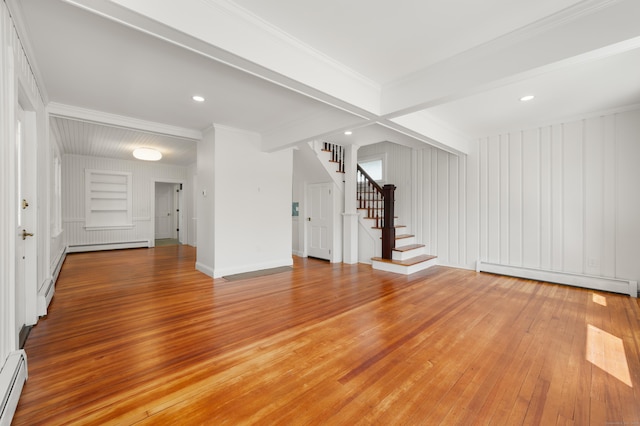 46 Park St, New London, CT 06320 - unfurnished living room featuring a baseboard radiator, light wood-style flooring, stairway, crown molding, and baseboards