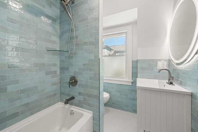 46 Park St, New London, CT 06320 - full bath featuring tile walls, vanity, shower / tub combination, toilet, and a wainscoted wall