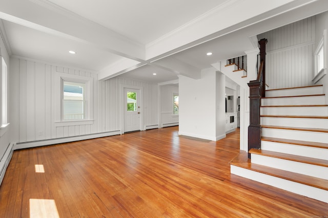 46 Park St, New London, CT 06320 - unfurnished living room with light wood-type flooring, baseboard heating, stairs, beamed ceiling, and crown molding