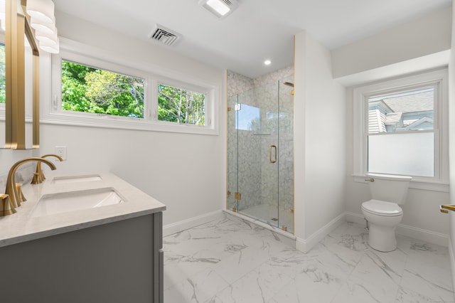 46 Park St, New London, CT 06320 - bathroom featuring healthy amount of natural light, double vanity, a marble finish shower, and toilet