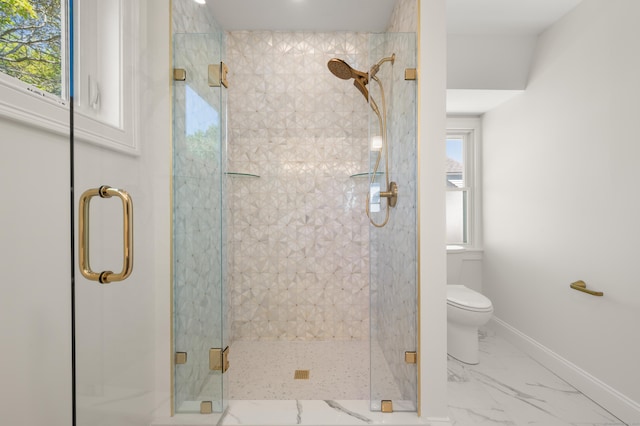 46 Park St, New London, CT 06320 - bathroom with healthy amount of natural light, toilet, baseboards, and a marble finish shower
