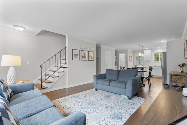92 Lafayette St Apt 5, Stamford, CT 06902 - living area with wood finished floors, ornamental molding, stairs, and recessed lighting