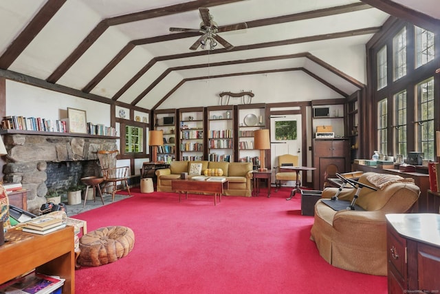 12 Lords Hwy E, Weston, CT 06883 - carpeted living room with high vaulted ceiling, ceiling fan, a stone fireplace, and beamed ceiling
